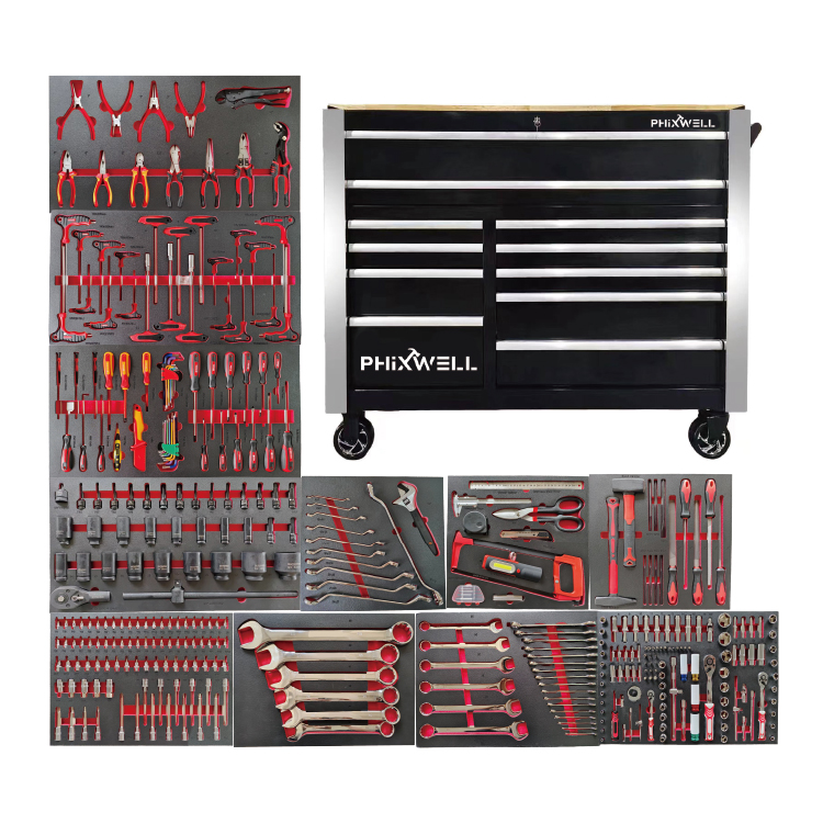 719520PHIXWELL Dulap de scule cu 11 sertare cu set de scule de 377 buc